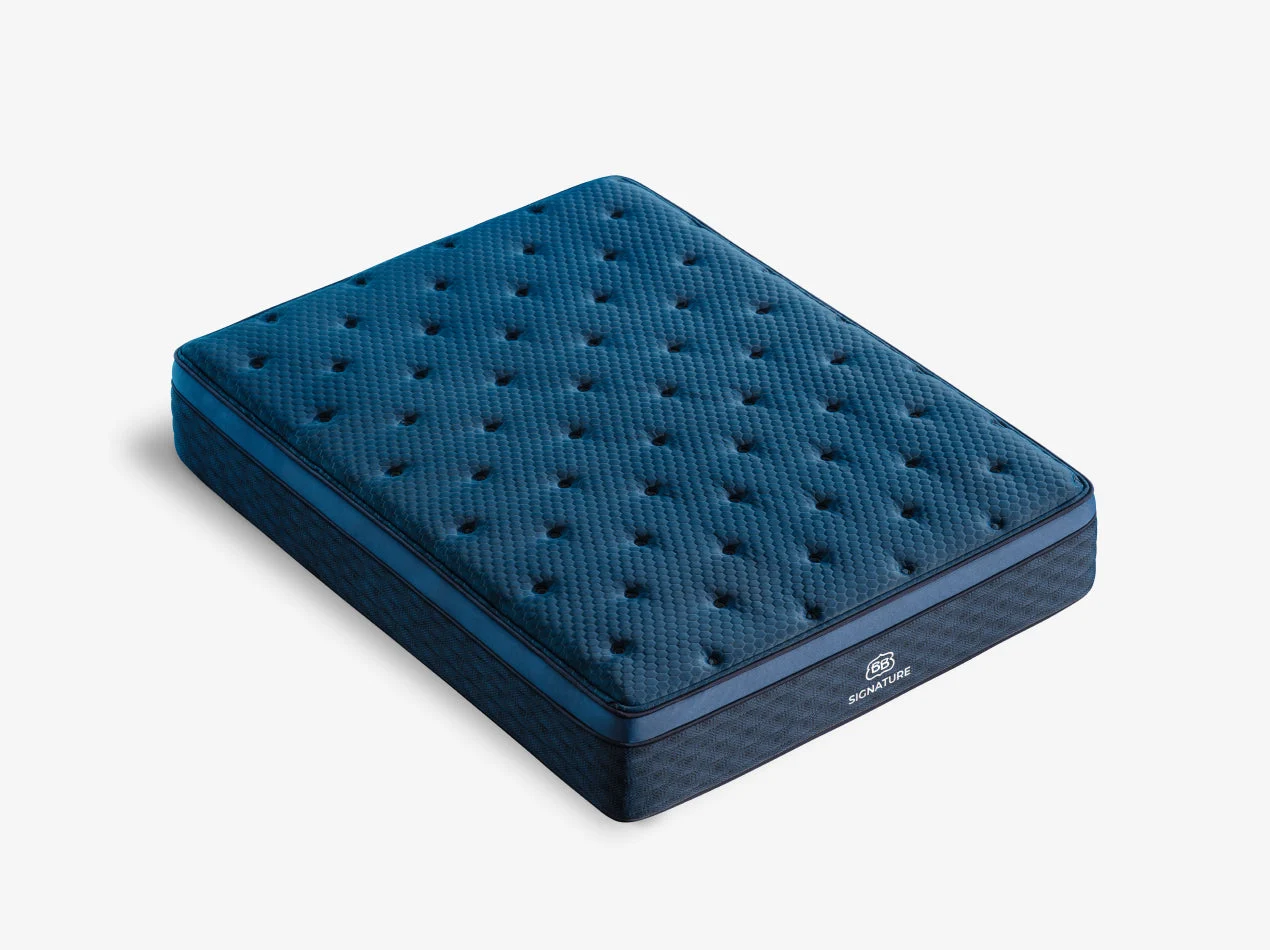Brooklyn Signature Hybrid mattress, angled view with blue quilted cover