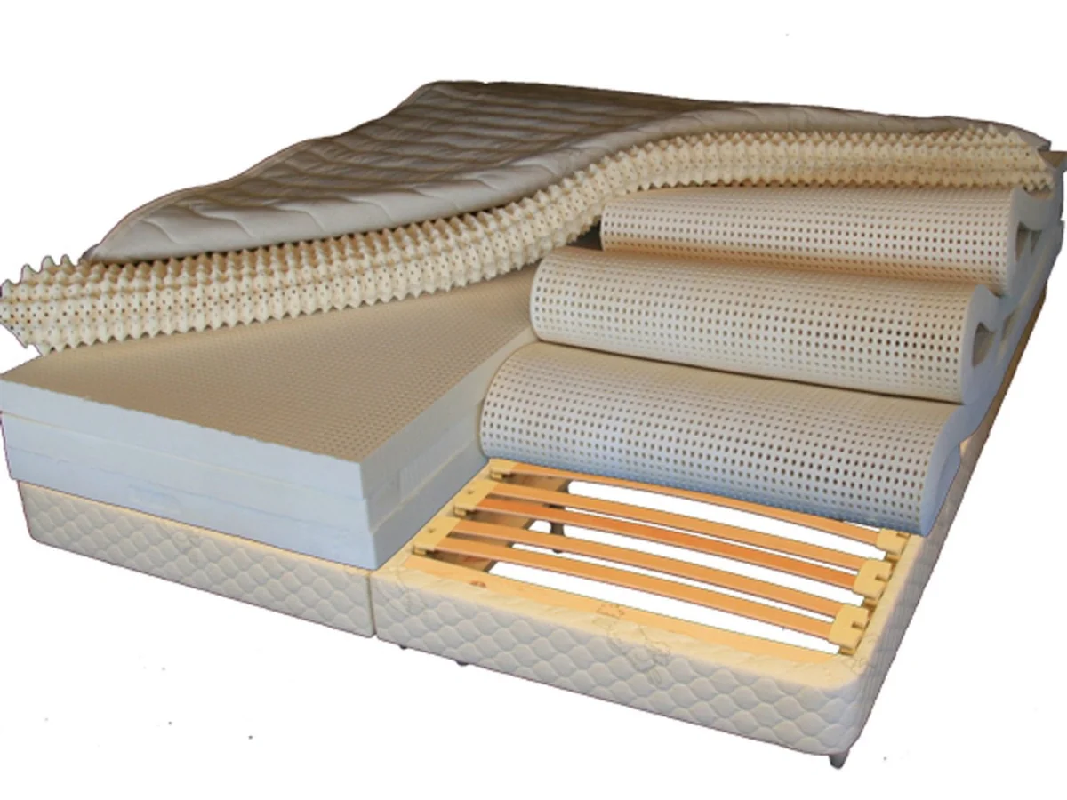 FloBeds custom latex mattress cutaway showing layered latex and foundation
