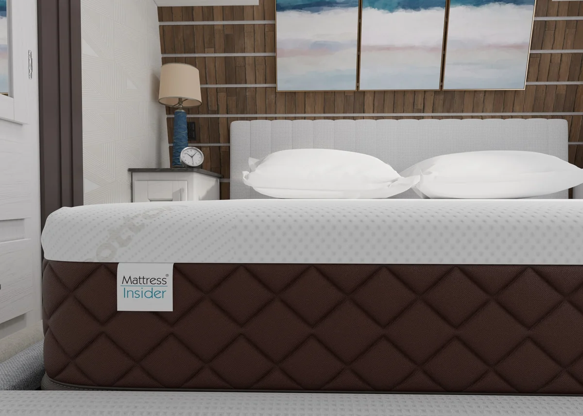 Luxury RV mattress on a bed platform, viewed from the corner